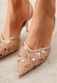 Renee - Beżowe Szpilki Slingback Ozdobione Cekinami Vikiraie. Nosek buta: otwarty. Kolor: beżowy. Materiał: skóra. Wzór: aplikacja. Obcas: na szpilce. Styl: elegancki #5