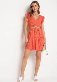 Born2be - Pomarańczowa Bawełniana Sukienka o Rozkloszowanym Kroju w Kropki Giavina. Okazja: na co dzień. Kolor: pomarańczowy. Materiał: bawełna. Wzór: kropki. Typ sukienki: sportowe, rozkloszowane. Styl: casual, sportowy #6