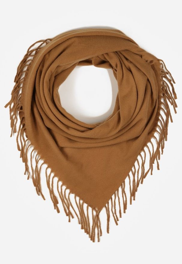 Born2be - Jasnobrązowy Trójkątny Szalik Zdobiony Frędzlami Vetifara. Okazja: na co dzień. Kolor: brązowy. Materiał: jeans. Wzór: aplikacja. Sezon: zima, jesień. Styl: casual, elegancki