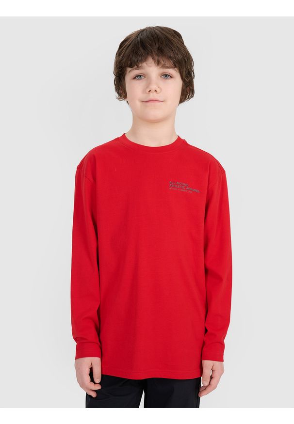 4f - 4F Longsleeve oversize z nadrukiem chłopięcy - czerwony 122 (6-7 lat). Okazja: na co dzień. Kolor: czerwony. Materiał: tkanina, jersey, bawełna. Długość rękawa: długi rękaw. Długość: długie. Wzór: nadruk. Sezon: lato. Styl: klasyczny, sportowy, casual, elegancki