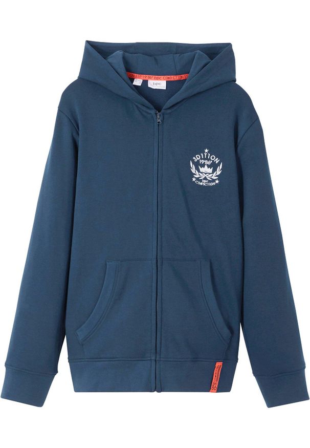 bonprix - Bluza rozpinana z kapturem, z czystej bawełny. Typ kołnierza: kaptur. Kolor: niebieski. Materiał: bawełna. Wzór: nadruk, aplikacja. Sezon: lato