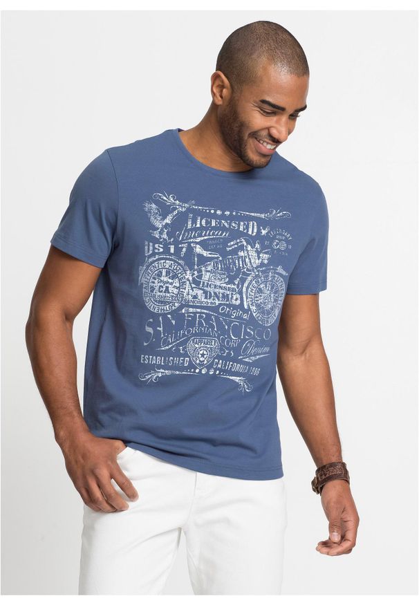 bonprix - T-shirt z czystej bawełny. Okazja: na co dzień. Kolor: niebieski. Materiał: bawełna. Wzór: nadruk. Styl: casual