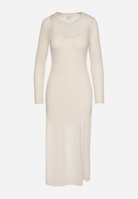 Born2be - Jasnobeżowa Sukienka Siateczkowa w Prążki z Wiskozą Niniria. Okazja: na co dzień. Kolor: beżowy. Materiał: wiskoza. Długość rękawa: na ramiączkach. Wzór: prążki. Typ sukienki: proste. Styl: casual, elegancki #5