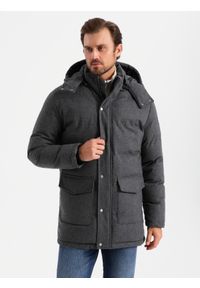 Ombre Clothing - Długa ciepła kurtka męska typu parka z wełną – czarny melanż V2 OM-JALJ-0217 - XXL. Kolor: czarny. Materiał: wełna. Długość: długie. Wzór: melanż #1