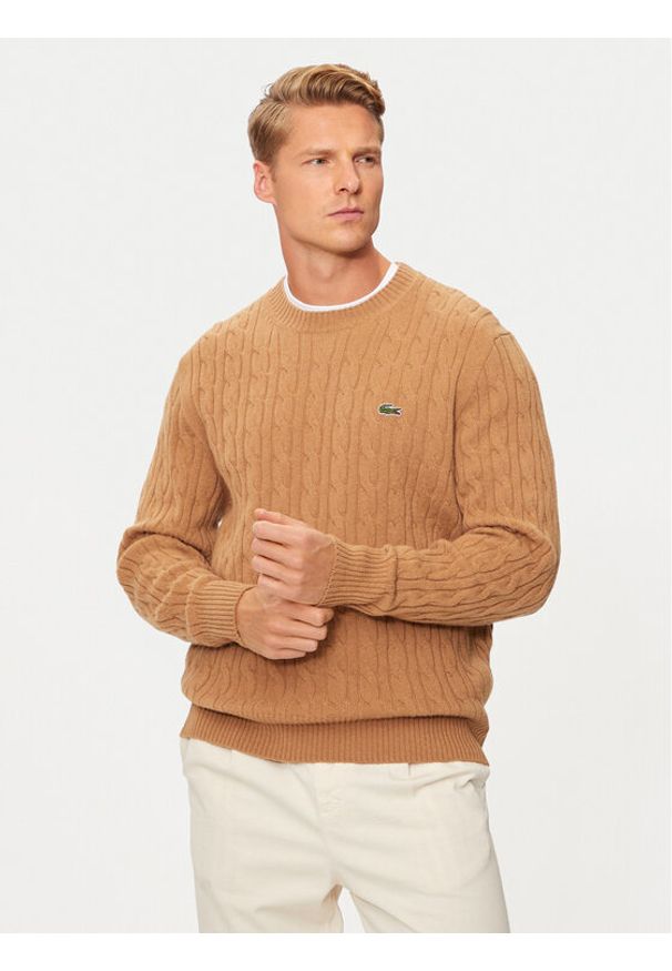 Lacoste Sweter AH2924 Brązowy Regular Fit. Kolor: brązowy. Materiał: wełna