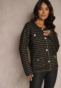 Renee - Czarny Tweedowy Kardigan w Elegancki Wzór z Ozdobnymi Guzikami Zemirae. Okazja: na co dzień, na spotkanie biznesowe, do pracy. Kolor: czarny. Materiał: jeans. Długość rękawa: długi rękaw. Długość: długie. Styl: elegancki #5