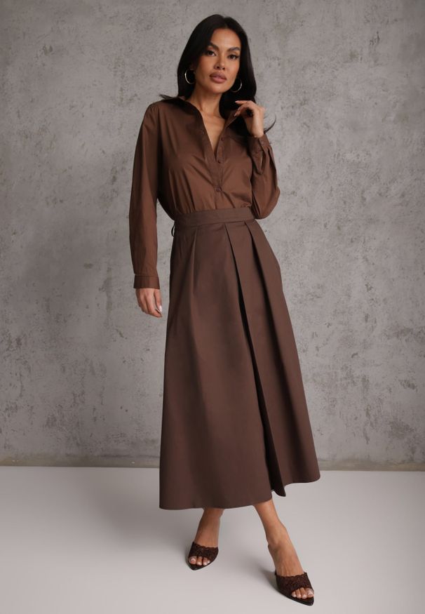 Renee - Brązowa Bawełniana Spódnica o Rozkloszowanym Kroju z Plisami Nerimara. Okazja: na co dzień. Kolor: brązowy. Materiał: bawełna. Wzór: gładki. Sezon: lato. Styl: casual