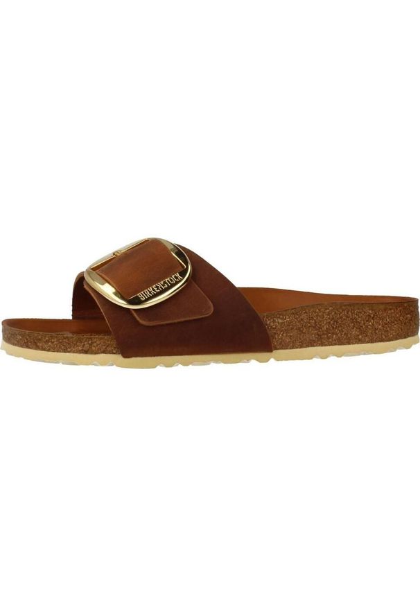 Klapki damskie Birkenstock Madrid Big Buckle Cognac Natural Leather. Okazja: na co dzień. Kolor: brązowy. Materiał: syntetyk, materiał. Styl: casual