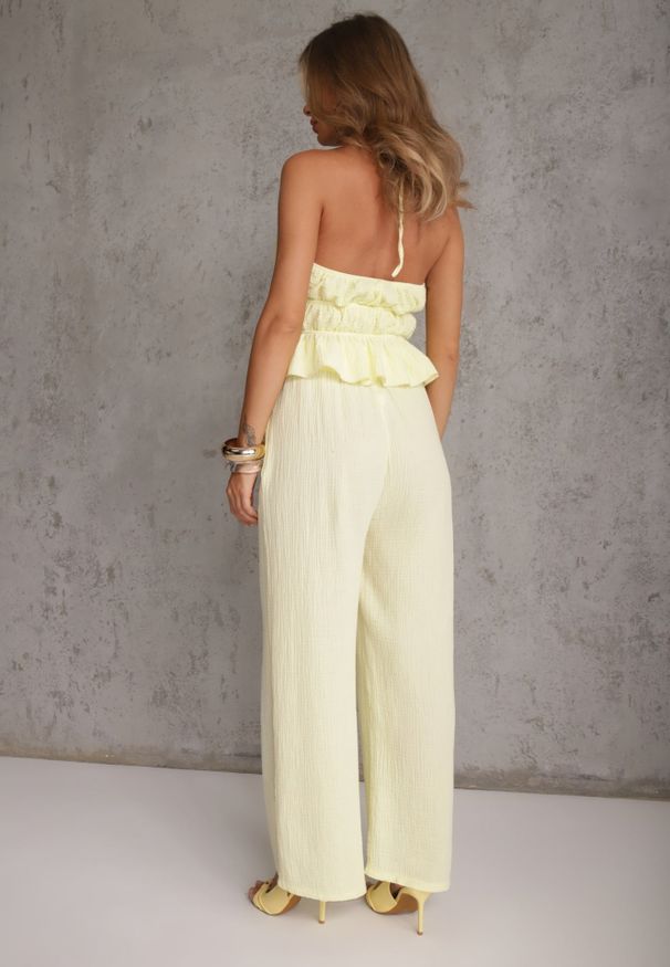 Renee - Żółty Letni Komplet z Bawełny Spodnie Wide Leg i Bluzka Halter z Wiązaniem Apomeda. Kolor: żółty. Materiał: bawełna