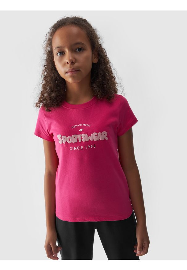 4f - 4F T-shirt z nadrukiem dziewczęcy - różowy 158 (12-13 lat). Okazja: na co dzień. Kolor: różowy. Materiał: bawełna, jersey, dzianina. Długość rękawa: krótki rękaw. Długość: krótkie. Wzór: nadruk. Sezon: lato. Styl: sportowy, casual, klasyczny