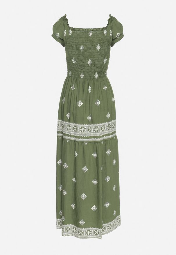 Born2be - Zielona Sukienka z Wiskozy ze Wzorem Boho Ellirose. Okazja: na co dzień. Kolor: zielony. Materiał: wiskoza. Wzór: aplikacja. Sezon: wiosna. Styl: boho