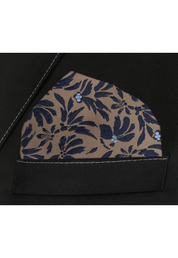 Męska, Elegancka Poszetka - Alties - Brąz w Granatowe Kwiaty. Kolor: beżowy, brązowy, wielokolorowy. Materiał: poliester. Wzór: kwiaty