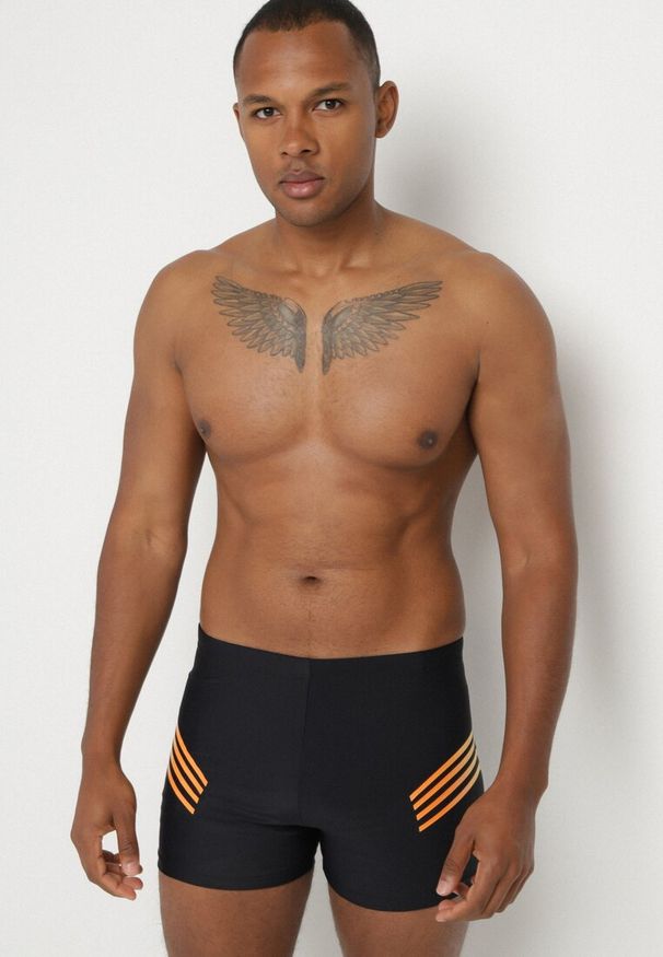 Born2be - Czarno-Pomarańczowe Kąpielówki ze Sznurkiem i Ozdobnymi Paskami Firave. Kolor: czarny