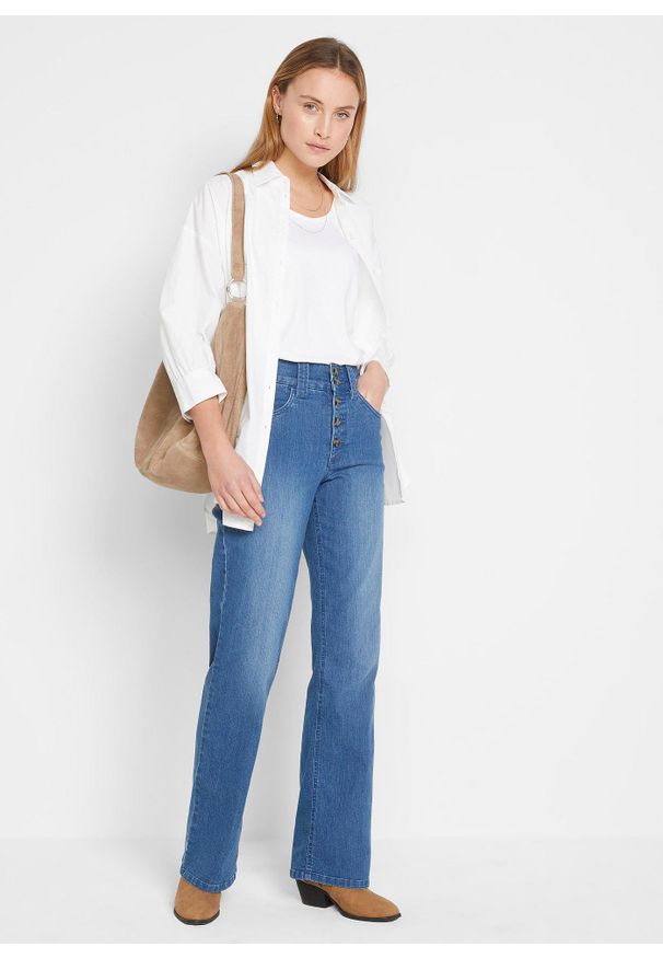 bonprix - Dżinsy ze stretchem Straight, high waist. Stan: podwyższony. Kolor: niebieski