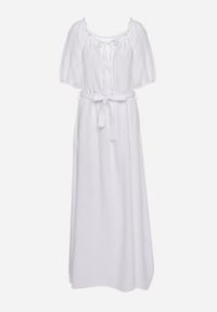 Born2be - Biała Trapezowa Muślinowa Sukienka z Bawełny z Paskiem i Gumką w Talii Vimarinn. Okazja: na co dzień. Typ kołnierza: dekolt hiszpanka. Kolor: biały. Materiał: bawełna. Typ sukienki: trapezowe. Styl: casual #2