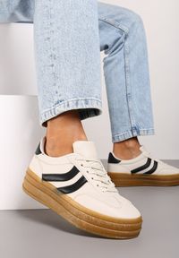 Born2be - Beżowe Sneakersy na Platformie z Kontrastowymi Wstawkami Erisora. Okazja: na co dzień. Kolor: beżowy. Materiał: jeans, bawełna. Obcas: na platformie #1