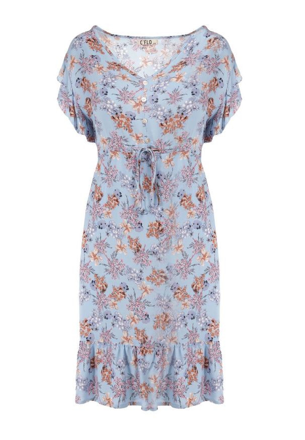 Born2be - Niebieska Sukienka z Wiskozy Actamia. Okazja: na co dzień. Typ kołnierza: kołnierz z falbankami, kokarda. Kolor: niebieski. Materiał: wiskoza. Wzór: kwiaty. Typ sukienki: proste. Styl: casual. Długość: mini