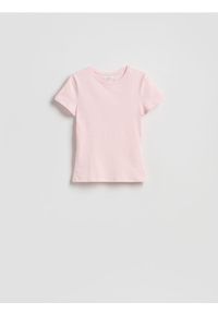 Reserved - Bawełniany t-shirt slim fit - pastelowy róż. Kolor: różowy. Materiał: bawełna