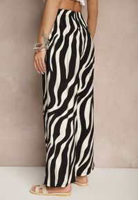 Renee - Czarno-Białe Spodnie o Szerokim Kroju High Waist Ozdobione Paskami Lisamelia. Okazja: na co dzień. Stan: podwyższony. Kolor: czarny. Wzór: aplikacja. Styl: klasyczny, elegancki, casual