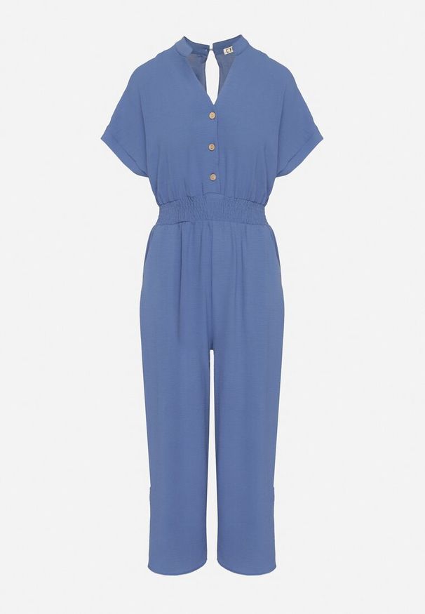 Born2be - Granatowy Kombinezon z Wiskozy z Gumką w Talii i Dekoltem w Serek z Guzikami Nisella. Okazja: na co dzień. Kolor: niebieski. Materiał: wiskoza. Długość rękawa: krótki rękaw. Długość: krótkie. Styl: casual, elegancki