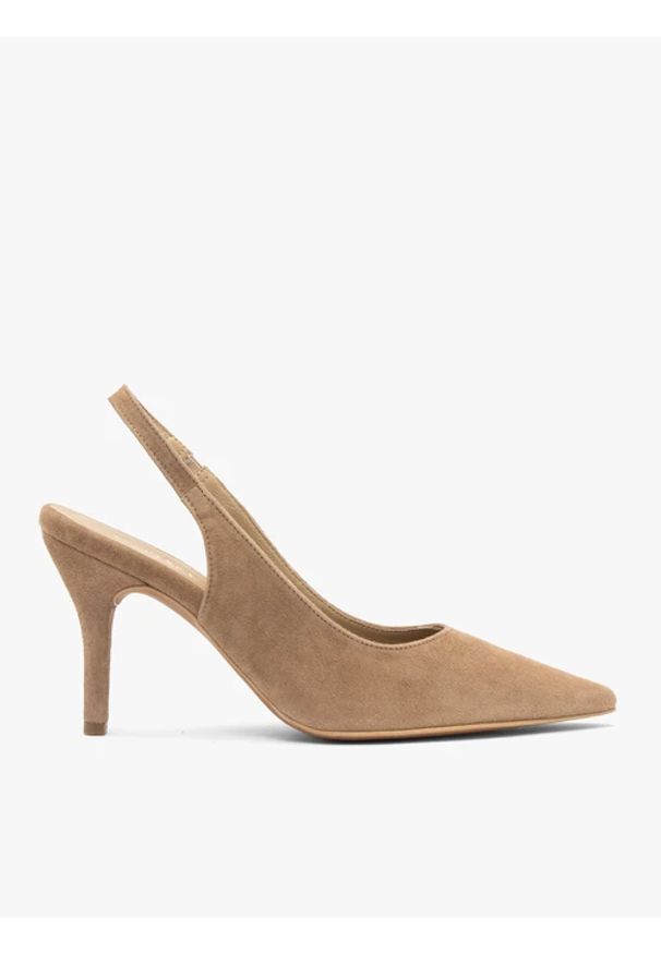 Ryłko - Jasnobrązowe czółenka bez pięty slingback. Zapięcie: pasek. Kolor: brązowy. Materiał: welur, skóra. Szerokość cholewki: normalna. Obcas: na obcasie. Styl: street. Wysokość obcasa: średni