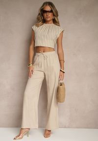 Renee - Jasnobeżowe Spodnie z Lnem o Szerokim Kroju z Gumką w Talii Filarive. Okazja: na co dzień. Kolor: beżowy. Materiał: len. Sezon: lato, wiosna. Styl: elegancki, casual #4