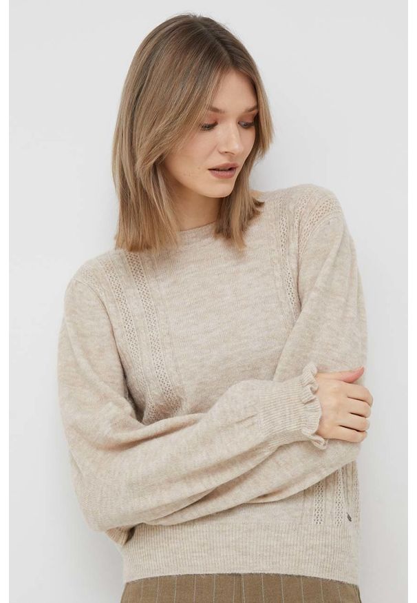 Pepe Jeans sweter z domieszką wełny Tessa damska kolor beżowy. Okazja: na co dzień. Kolor: beżowy. Materiał: wełna. Styl: casual