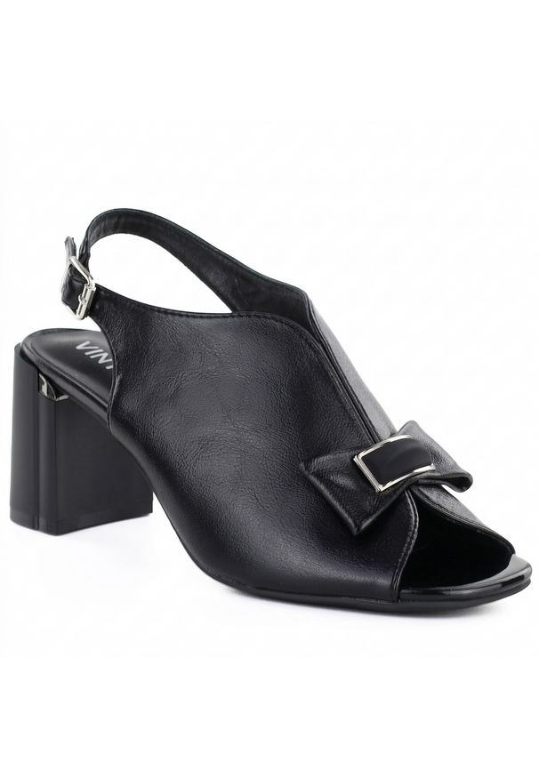 Sandały damskie na słupku z kokardką czarne Jezzi RMR25112-3. Kolor: czarny. Materiał: skóra ekologiczna. Obcas: na słupku