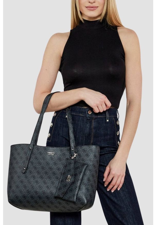Guess - GUESS Szara damska shopperka Brenton. Kolor: szary. Materiał: skórzane. Styl: elegancki, casual