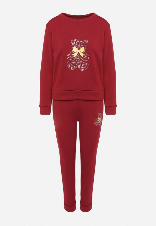 Born2be - Bordowy Bawełniany Komplet Dresowy z Ociepleniem i Misiem Bluza i Spodnie z Gumką w Pasie Nelasina. Kolor: czerwony. Materiał: dresówka, bawełna. Wzór: aplikacja