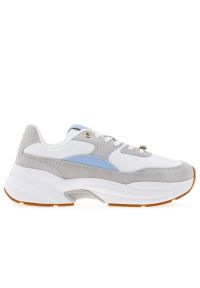 TOMMY HILFIGER - Buty damskie Tommy Hilfiger Chunky Feminine Runner Hardware FW0FW07703-PQT - biało-szare. Zapięcie: sznurówki. Kolor: szary, wielokolorowy, biały. Materiał: zamsz, guma, skóra. Szerokość cholewki: normalna. Sport: turystyka piesza #1