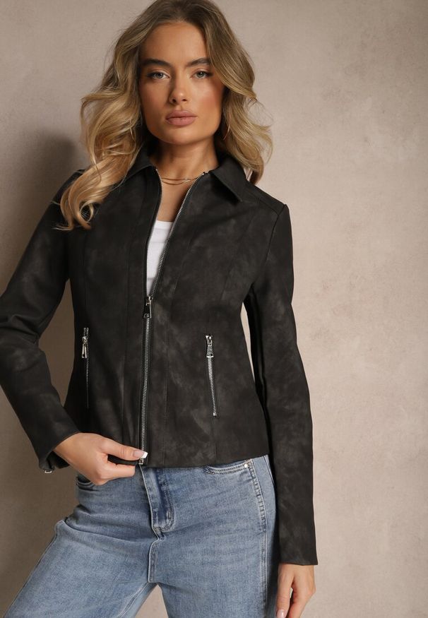 Renee - Czarna Kurtka o Kroju Ramoneski Ozdobiona Kołnierzykiem Ravvezia. Okazja: na co dzień. Kolor: czarny. Materiał: jeans. Długość: krótkie. Wzór: aplikacja. Styl: elegancki, rockowy, casual