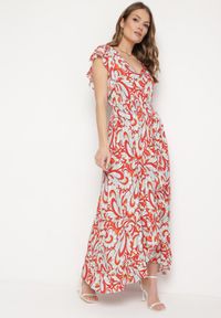 Born2be - Beżowo-Pomarańczowa Asymetryczna Sukienka z Gumką w Pasie z Falbankami z Wiskozy Venimra. Typ kołnierza: kołnierz z falbankami. Kolor: beżowy. Materiał: wiskoza. Typ sukienki: asymetryczne #1