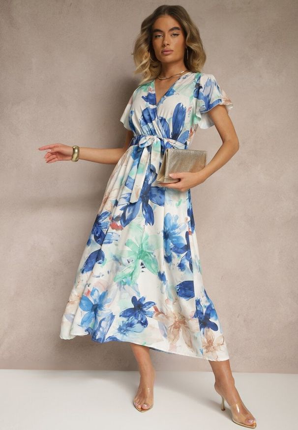 Renee - Niebieska Kopertowa Sukienka z Wiązanym Paskiem w Kwiatowy Wzór Redellira. Okazja: na co dzień. Typ kołnierza: dekolt w kształcie V. Kolor: niebieski. Wzór: kwiaty. Typ sukienki: kopertowe. Styl: casual, klasyczny