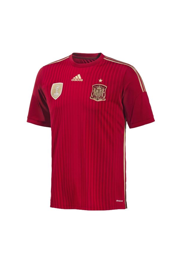 Adidas - Koszulka krótki rękaw do piłki nożnej Hiszpania 2014 -2015 dla dzieci. Kolor: czerwony. Materiał: poliester. Długość rękawa: krótki rękaw. Technologia: ClimaCool (Adidas). Długość: krótkie