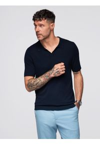 Ombre Clothing - Koszulka męska polo bez guzików z klasycznym splotem – granatowa V1 - Rozmiar: L. Typ kołnierza: polo. Kolor: niebieski. Materiał: wiskoza, dzianina, materiał, elastan, nylon. Wzór: ze splotem. Styl: klasyczny