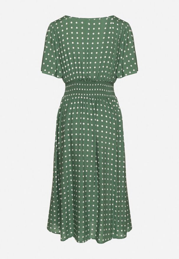 Born2be - Zielona Sukienka z Bawełny Rozkloszowana w Kropki Toliennea. Okazja: na co dzień. Kolor: zielony. Materiał: bawełna. Wzór: kropki. Styl: casual