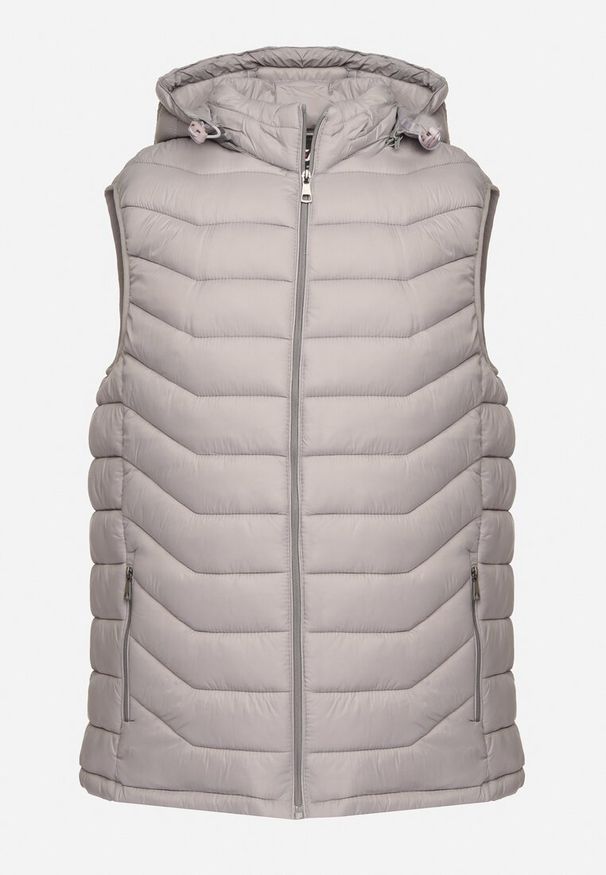 Born2be - Szara Kamizelka z Odpinanym Kapturem Pikowana ze Ściągaczami Wodoodporna Migiel. Okazja: na co dzień. Kolor: szary. Materiał: jeans. Styl: elegancki, casual