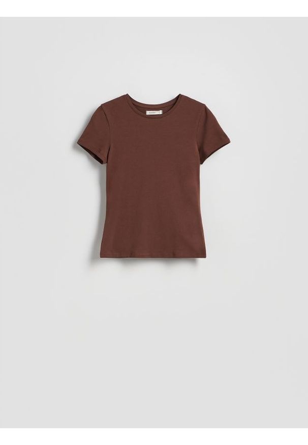 Reserved - Bawełniany t-shirt slim fit - ciemnobrązowy. Kolor: brązowy. Materiał: bawełna