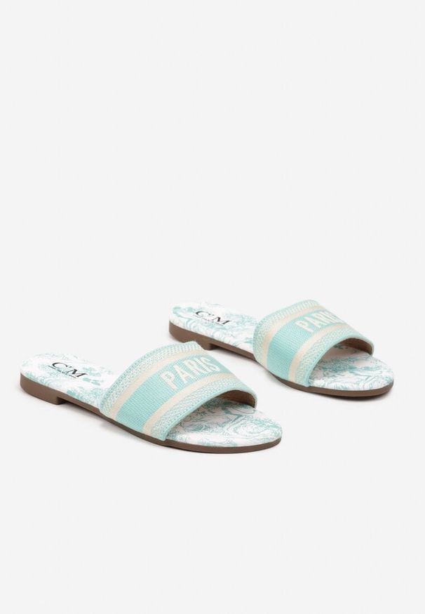 Born2be - Jasnozielone Klapki z Kolorowej Plecionki z Podeszwą w Kwiatowy Wzór Aratilia. Okazja: na co dzień. Nosek buta: otwarty. Kolor: zielony. Materiał: jeans. Wzór: kwiaty, kolorowy. Obcas: na obcasie. Styl: elegancki, casual. Wysokość obcasa: niski