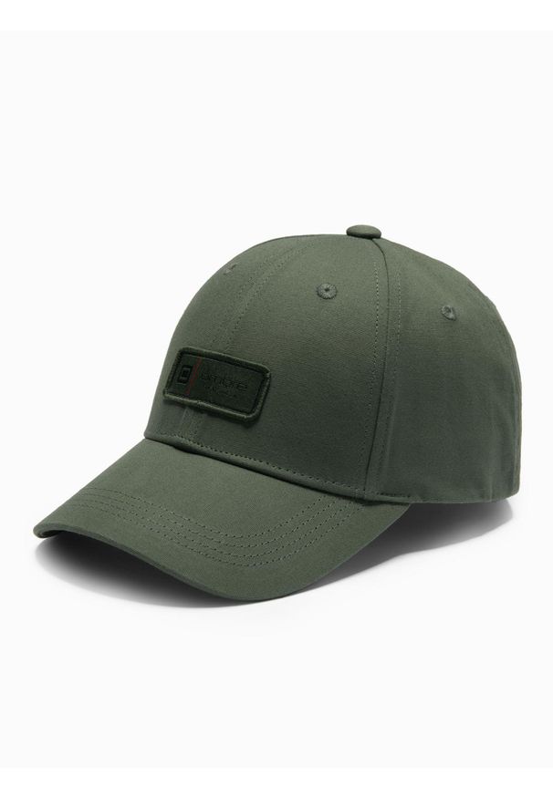 Ombre Clothing - Męska czapka bejsbolówka z daszkiem i patchem – khaki V3. Kolor: brązowy. Materiał: bawełna. Wzór: aplikacja, ze splotem. Styl: casual