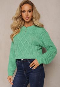 Renee - Zielony Sweter z Długim Rękawem i Ozdobnym Splotem Porafio. Kolor: zielony. Długość rękawa: długi rękaw. Długość: długie. Wzór: ze splotem. Sezon: zima #5