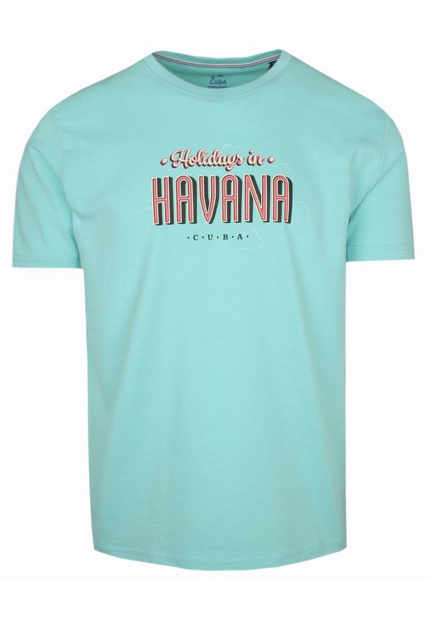 Męski T-Shirt marki Pioneer - Jasny Turkus, Wakacje w Hawanie. Kolor: niebieski. Materiał: bawełna. Wzór: nadruk. Sezon: lato. Styl: wakacyjny