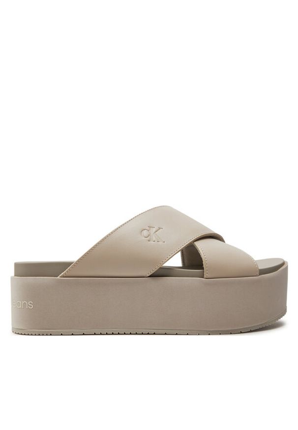 Calvin Klein Jeans Klapki Flatform Cross Mg Uc YW0YW01349 Beżowy. Kolor: beżowy. Materiał: skóra