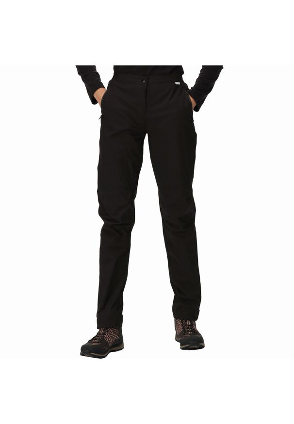 Regatta - Damskie spodnie ochronne wodoodporne Highton czarne. Kolor: szary, czarny, brązowy, wielokolorowy. Sezon: lato. Sport: turystyka piesza