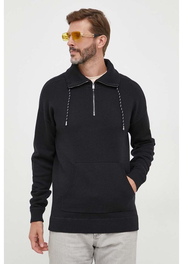 BOSS sweter z domieszką wełny męski kolor czarny lekki z półgolfem. Kolor: czarny. Materiał: wełna. Długość: krótkie
