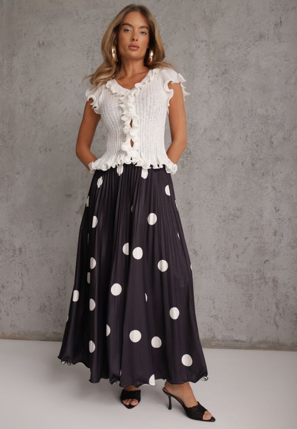 Renee - Czarna Rozkloszowana Spódnica Plisowana High Waist w Groszki Telede. Stan: podwyższony. Kolor: czarny. Długość: krótkie. Wzór: grochy. Styl: retro