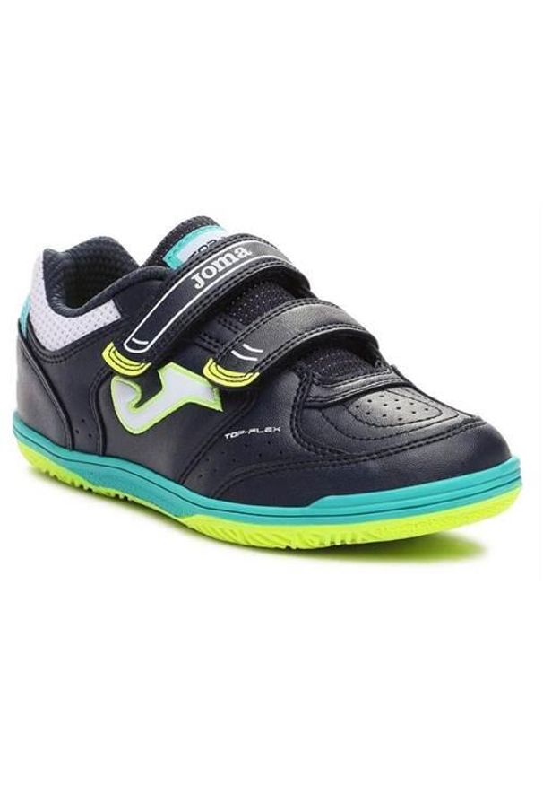 Buty piłkarskie dla dzieci Joma Top Flex Jr 2303 Indoor. Zapięcie: rzepy. Kolor: czarny, wielokolorowy. Materiał: guma, skóra, syntetyk, materiał, tkanina. Szerokość cholewki: normalna. Sport: piłka nożna