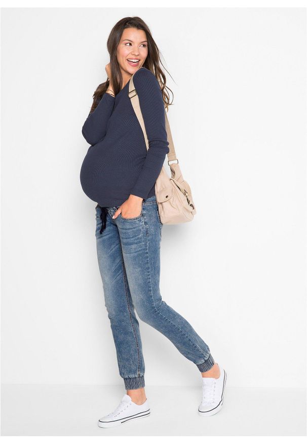 bonprix - Dżinsy ciążowe jogger, z bawełny organicznej. Kolekcja: moda ciążowa. Kolor: niebieski