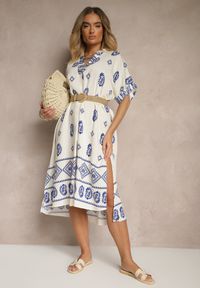 Renee - Niebiesko-Kremowa Sukienka z Wiskozy w Stylu Boho o Pudełkowym Kroju z Rozcięciami Virbia. Okazja: na co dzień. Typ kołnierza: dekolt w serek. Kolor: niebieski. Materiał: wiskoza. Długość rękawa: krótki rękaw. Styl: boho #3